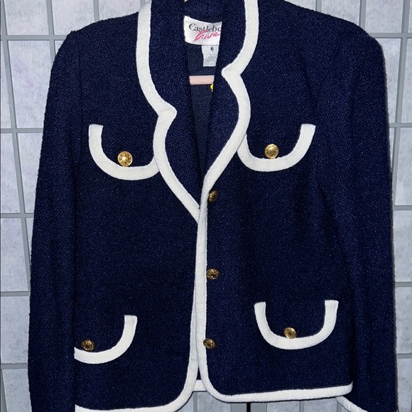 Castleberry Jackets & Blazers - VINTAGE. Blue &  White Blazer with Textured Fabric & White Piping
